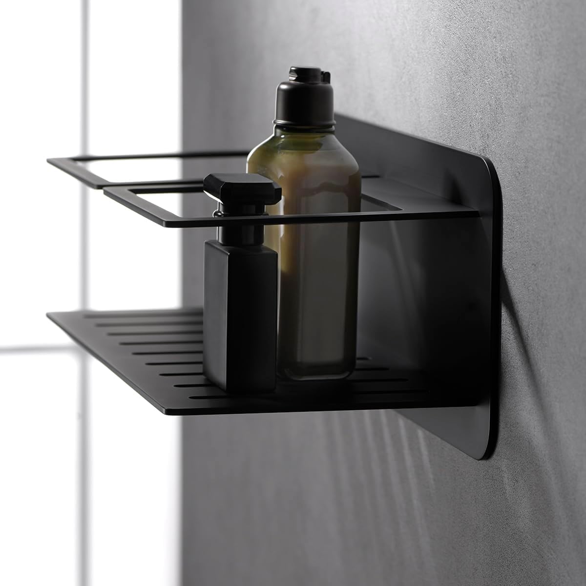 IMEX - Jabonera Ducha sin Taladro Pared Negro Mate | Jabonera Frontal en Acero Inoxidable S.304 | Resistente a Humedad y Corrosión | Doble Sistema de Fijacción (Atornillado o Pegado)