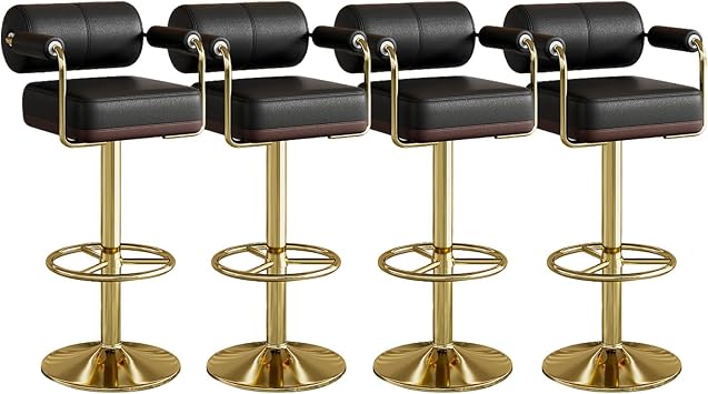 Vigosit Set of 4 Bar stools Modern Swivel Barstools Chair with Backrest and Arms, Adjustable PU Leather Saddle Stools with Gold Metal Base for Dining Room,Bar, Kitchen Island, Black