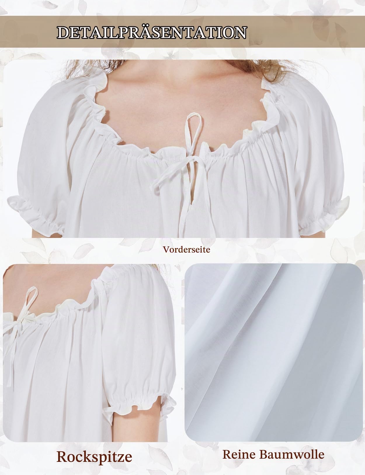 BEAUTELICATE Nachthemd Damen Baumwolle Kurzarm Viktorianisch Lang Nachtkleid Vintage Sommer Nachtwäsche Schlafanzug Elfenbein
