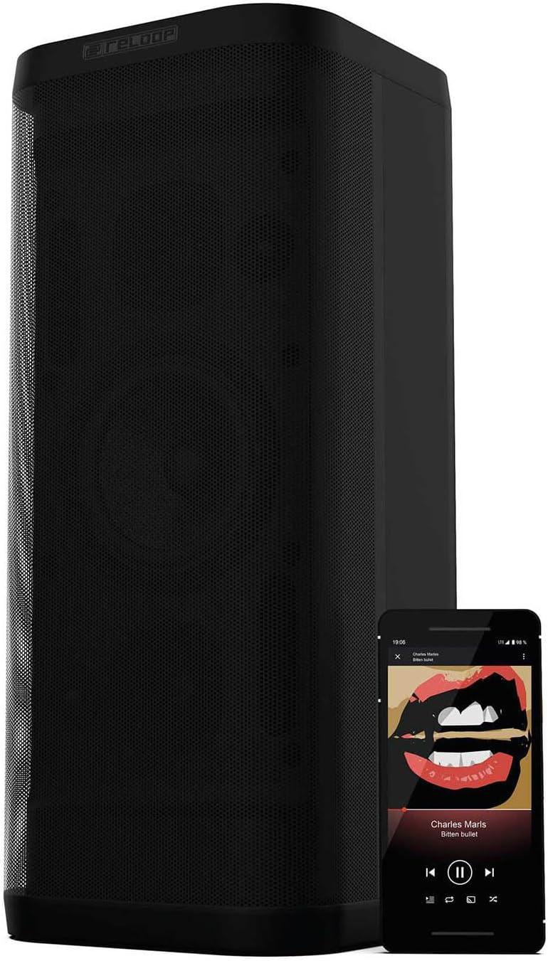 A smartphone displaying an NFC connection prompt, placed on the top panel of the Reloop Groove Blaster BT speaker.