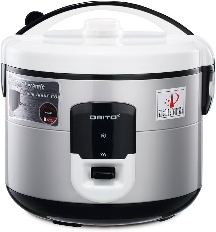 ORITO Rice Cooker with Stainless Steel Inner Pot Cool Touch Exterior Rice Maker with Food and Vegetable Steamer 1.8L 9-cup Uncooked Brown Rice Cooker
