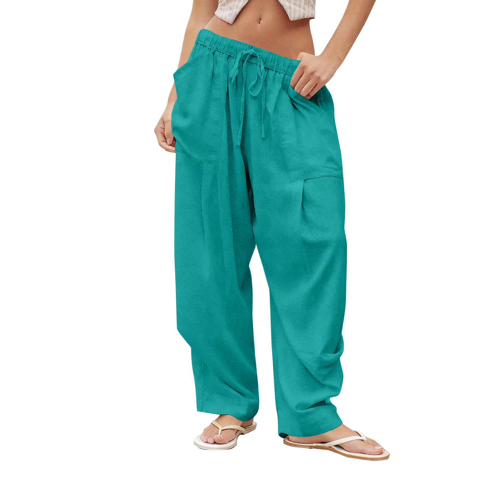 Linen Pants Women Wide Leg Barrel Beach Pants Summer Casual Drawstring Low Rise Harem Pant Loose Comfy Lounge