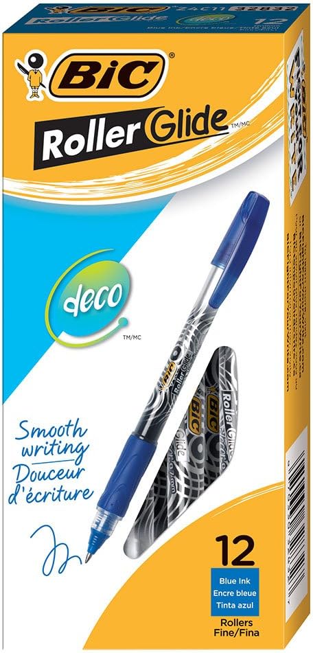 BIC Roller Glide Deco Roller Ball Pen, Fine Point (0.7mm), Blue, 12-Count