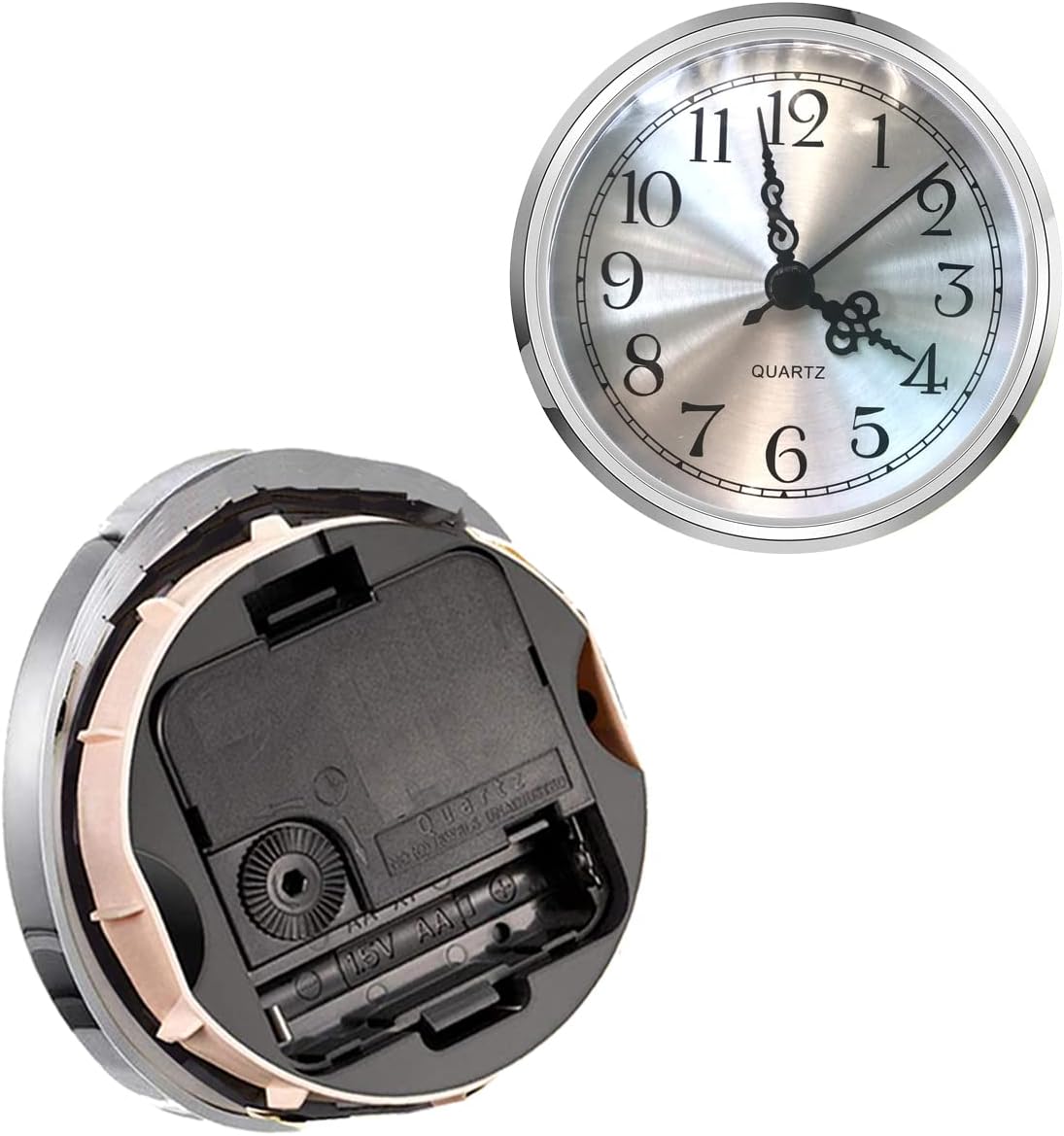 Mini Clock Insert 3-1/2 Inch (90 mm) Round Quartz Clock Fit-up Movement Miniature Clock Silver Dial Silver Tone Bezel Arabic Numerals, Fit 3.0 inch (78 mm) Diameter Hole (Silver)