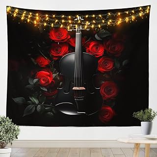 jejeloiu Violin Wall Hanging Large 59"x82" Romantic Rose Tapestry for Kids Boys Girls Classic Music Themed Decor Wall Blanket Home Decor Wall Art