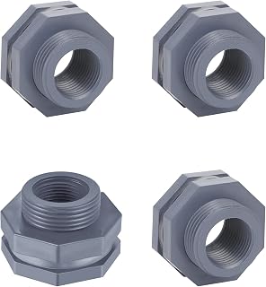 UgyDuky 4 Pieces PVC Bulkhead Fitting for Rain Barrels, Aquariums, Water Tanks, Tubs, Pools - Grey (1/2 Inch)