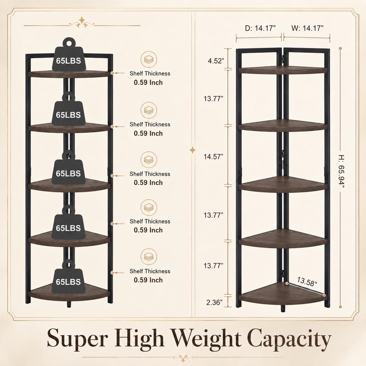 FATORRI Rustic Tall Corner Shelf, 5 Tier Industrial Corner Bookshelf for Living Room, Dark Wood and Metal Corner Plant Stand for Home Office (Walnut Brown) image 2