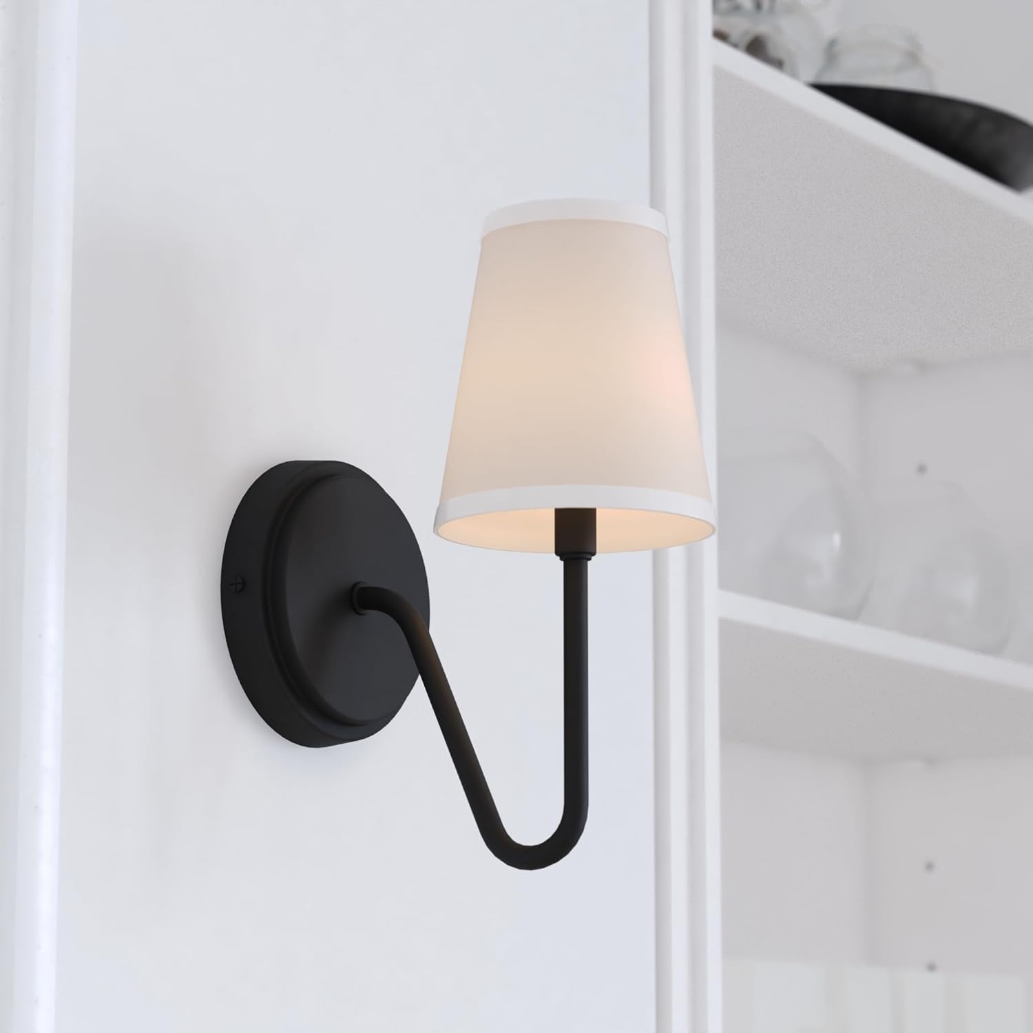 VAXCEL Briar 1 Light Matte Black Traditional Wall Sconce White Linen Shade