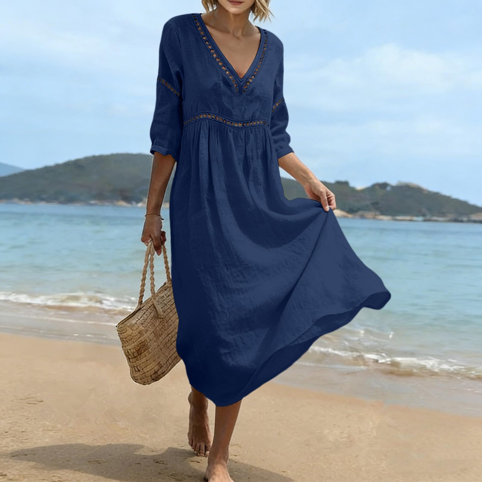 Robe Ete Femme Longue Robe Coton en Lin Robes Legere Fluide Robe de Plage Chic et Elegant Robes à Manche 7/8 Décontractée Dress Boheme Col en V Classique Vêtements Grande Taille Vêtements XS-5XL