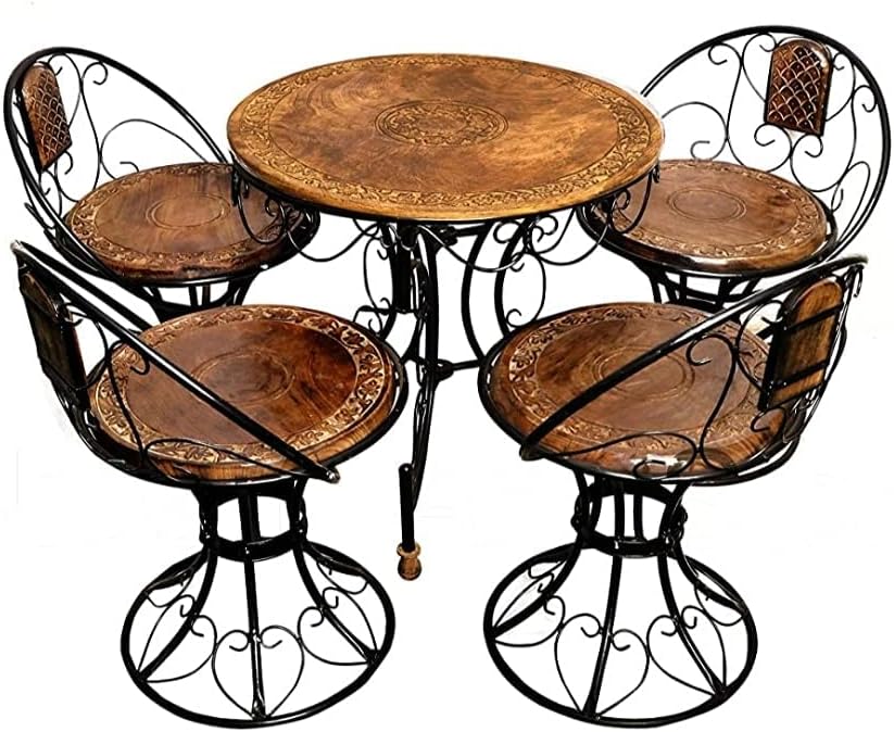 Wooden & Wrought Iron Outdoor Set (4 Chairs + 1 Folding Table) Folding Table with 4 Chair Set (Style- 5 A)