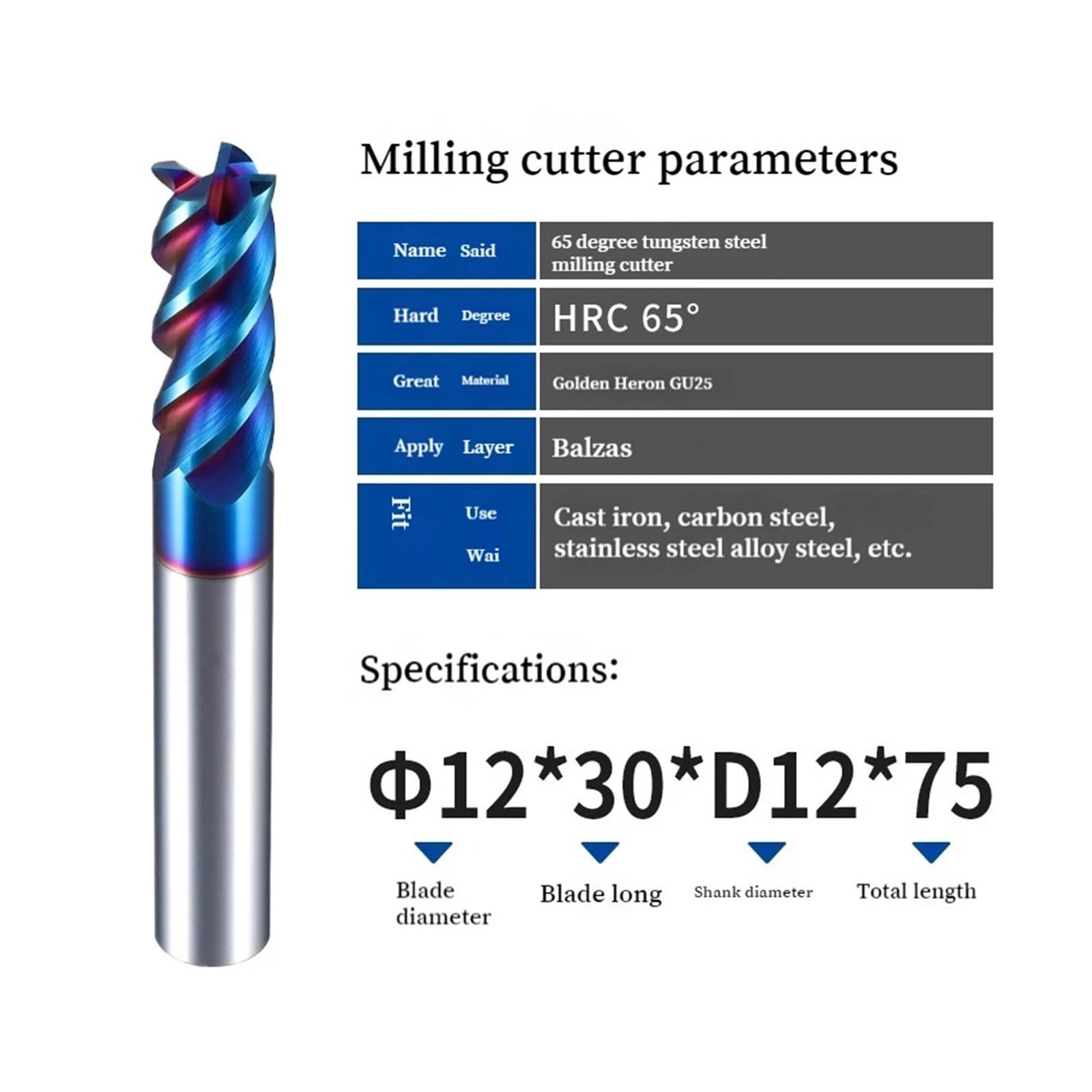 1 Uds. Fresa de carburo tungsteno 4 flauta HRC65 HRC72 Nano azul templado 4mm 6mm 8mm10mm 12mm 16mm herramienta CNC for acero inoxidable(11X33X12X75 HRC65)