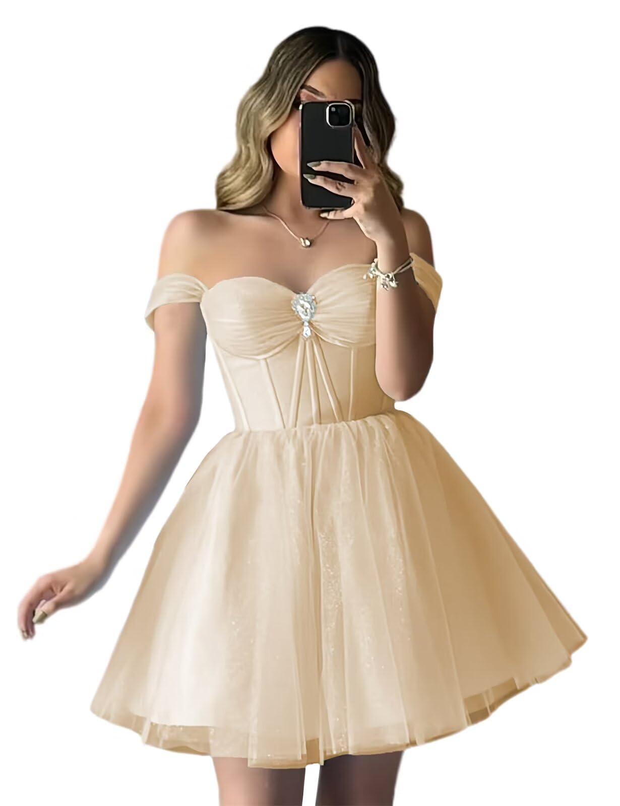 XYAYE Sparkly Tulle Homecoming Dresses Off Shoulder Short Prom Dresses for Teens Puffy Sweetheart A Line Cocktail Dress