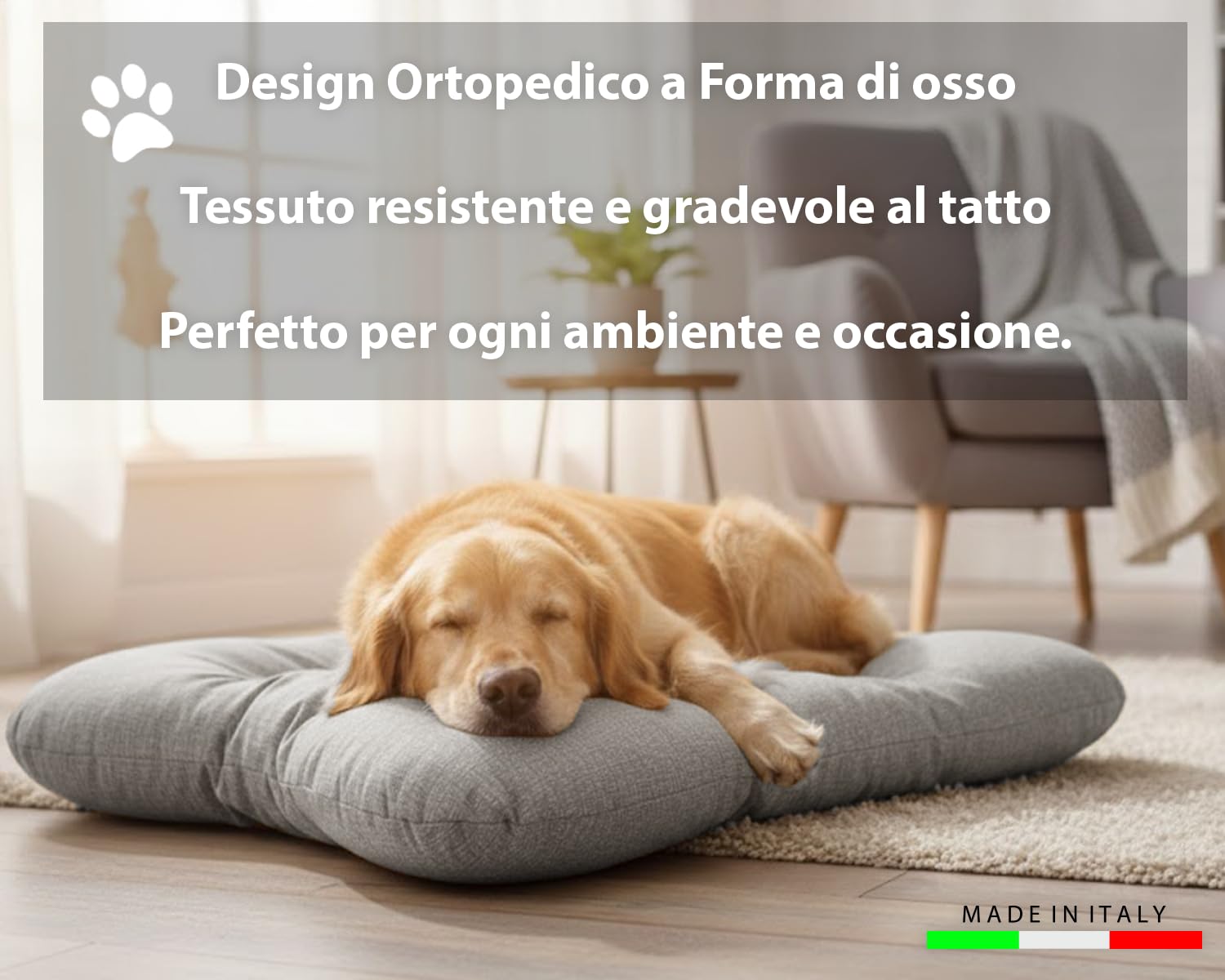 HAND Cuscino per Cane e Gatto a Forma di Osso 62x47 cm – Letto Morbido in Cotone, Lavabile e Imbottito, Spessore 10 cm – Cuccia per Cani Piccoli, Medi – Made in Italy