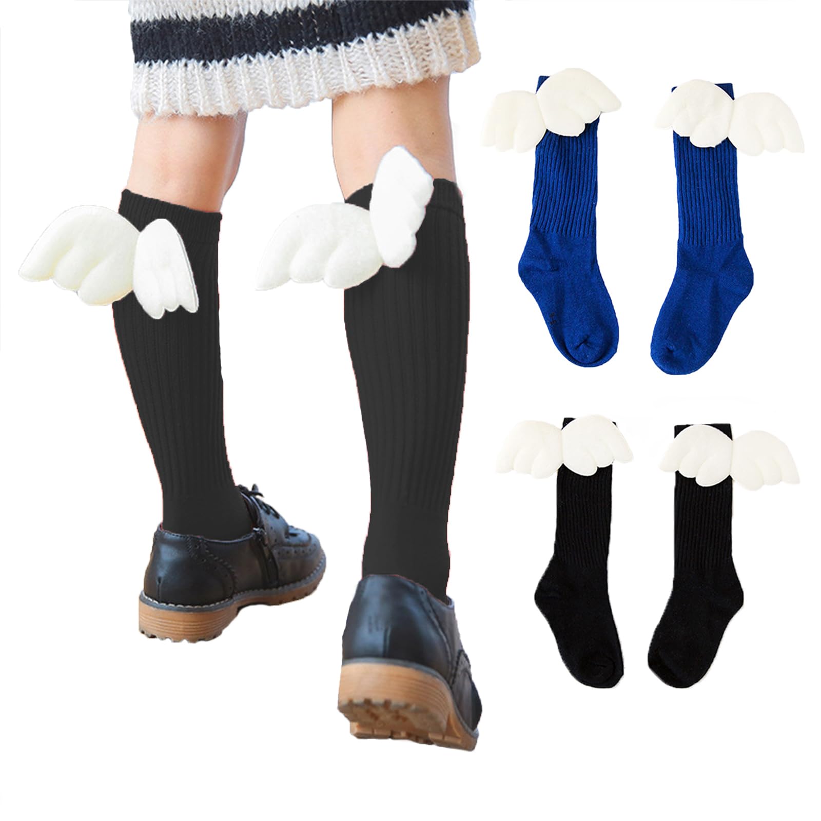 HNJZX 2 Pack Kids Soft Knee High Socks with Wings for Girls School Uniform Dress Socks Tube Seamless Socks