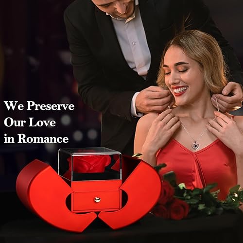 Miniatura 6 de Emibele Collar de rosa real preservada con corazón, flores eternas y collar de corazón de cristal, regalos románticos para mujeres, mamá, esposa,