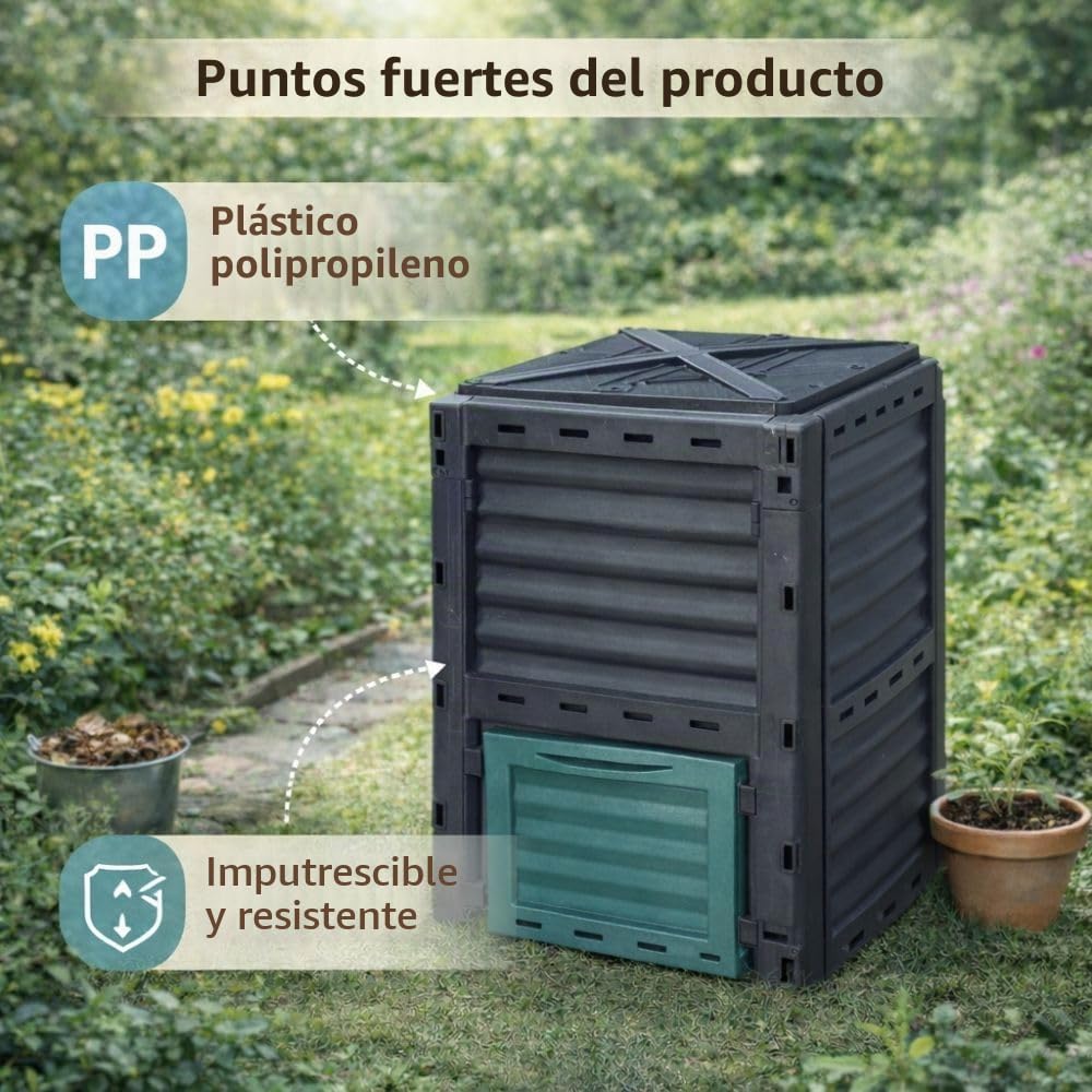 TERRE JARDIN - Compostador de Jardín, 300 L - Contenedor de Compost, 83 x 61 x 61 cm, de Polipropileno Contenedor Compostador de Residuos de Jardín, Resistente a Golpes y a los UV