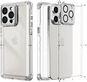 HUALIMEI Crystal Clear Hard PC Case for iPhone 15 Pro 6.1, Rugged Military Full Body Protection Case with Screen and Camera Lens Protector, Heavy Duty Shockproof Protective Cover for Men Women