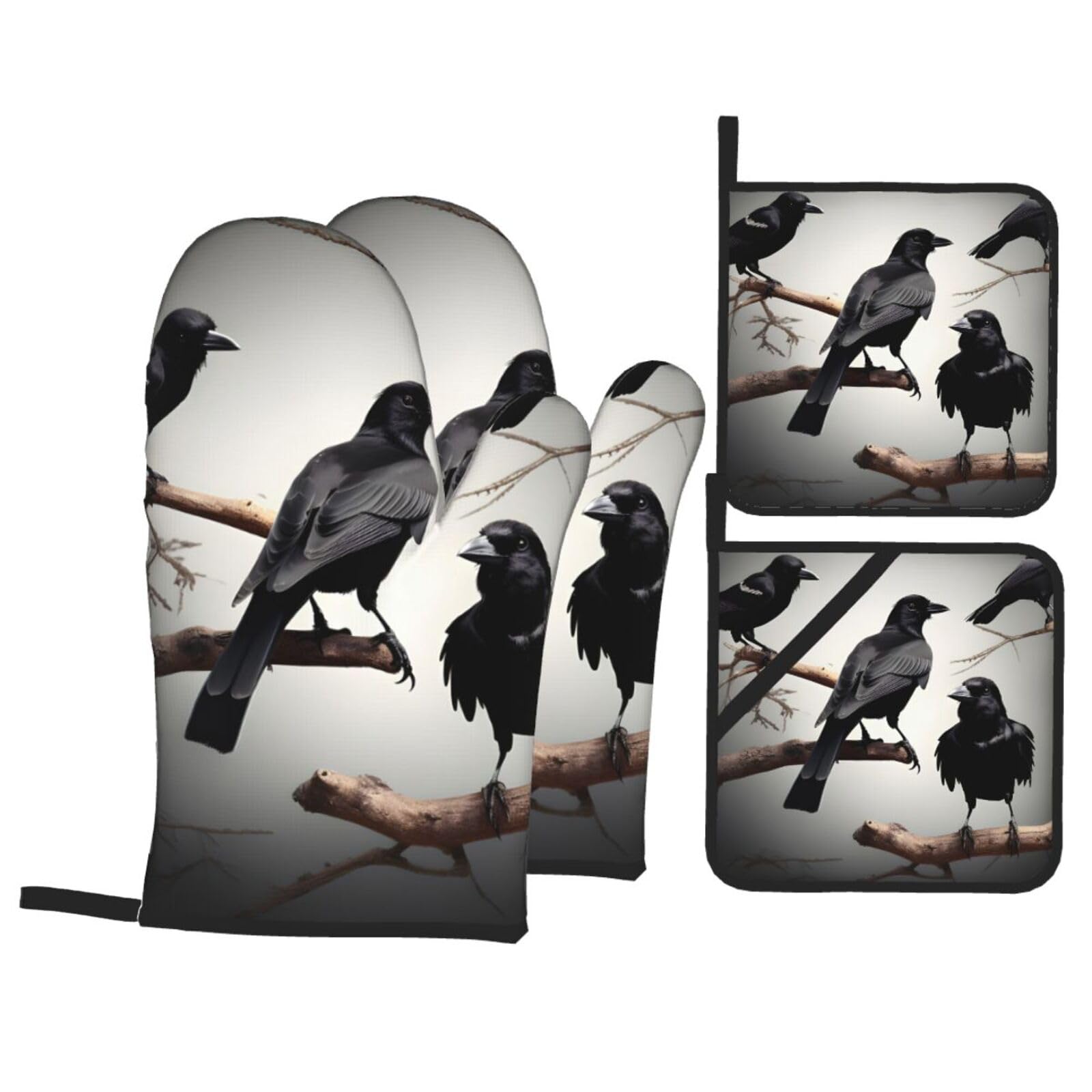 Black Crow Birds on a branch Print 4-Piece Oven Microwaving Set Waterproof Kitchen Gloves for Baking Grilling Cooking