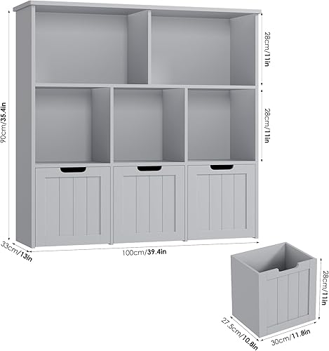 Miniatura 2 de FOTOSOK Toy Storage Organizer with 3 Movable Drawers, Floor Storage Cabinet Toy Organizer with Hidden Wheels and 5 Storage Cubbies, Multifunctional