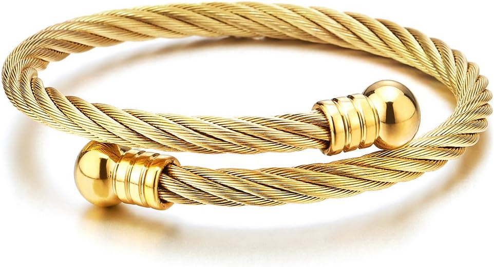 COOLSTEELANDBEYOND Elastic Adjustable Steel Twisted Cable Cuff Bangle Bracelet for Mens for Women