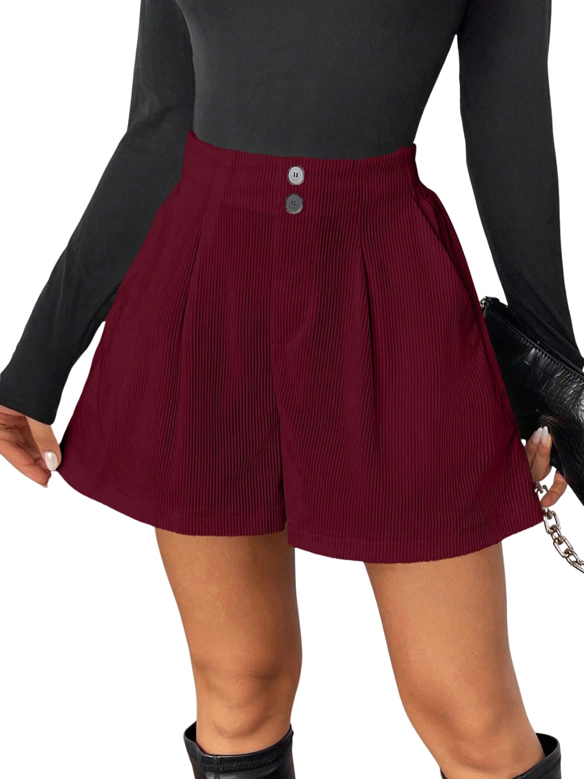 greciilooks Women's High Waist Tailored Shorts | Ribbed Poly Lycra Blend Summer Shorts with Pockets & Button Closure | Elegant Folded Hem Casual Wear for College, Brunch & Daily Outings-picture-40