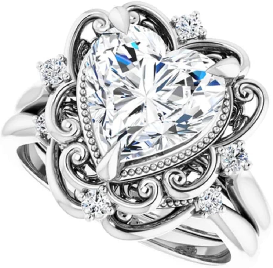 10K/14K/18K Solid White Gold Handmade Engagement Ring, 3.50 CT Heart Cut Moissanite Solitaire Ring, Diamond Wedding Ring Set for Women/Her, Anniversary/Propose Ring, VVS1