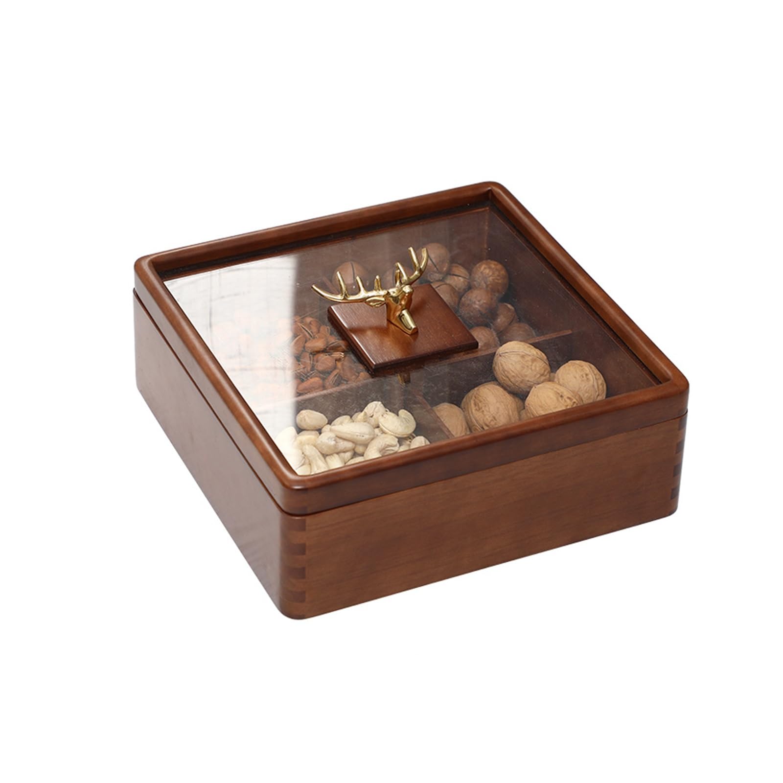 ROHCGHC snack tray， Divided Serving Dishes with Lid, Portable Square Wooden Nuts Tray, 4 Compartments for Chips, Dried Fruits, Candy