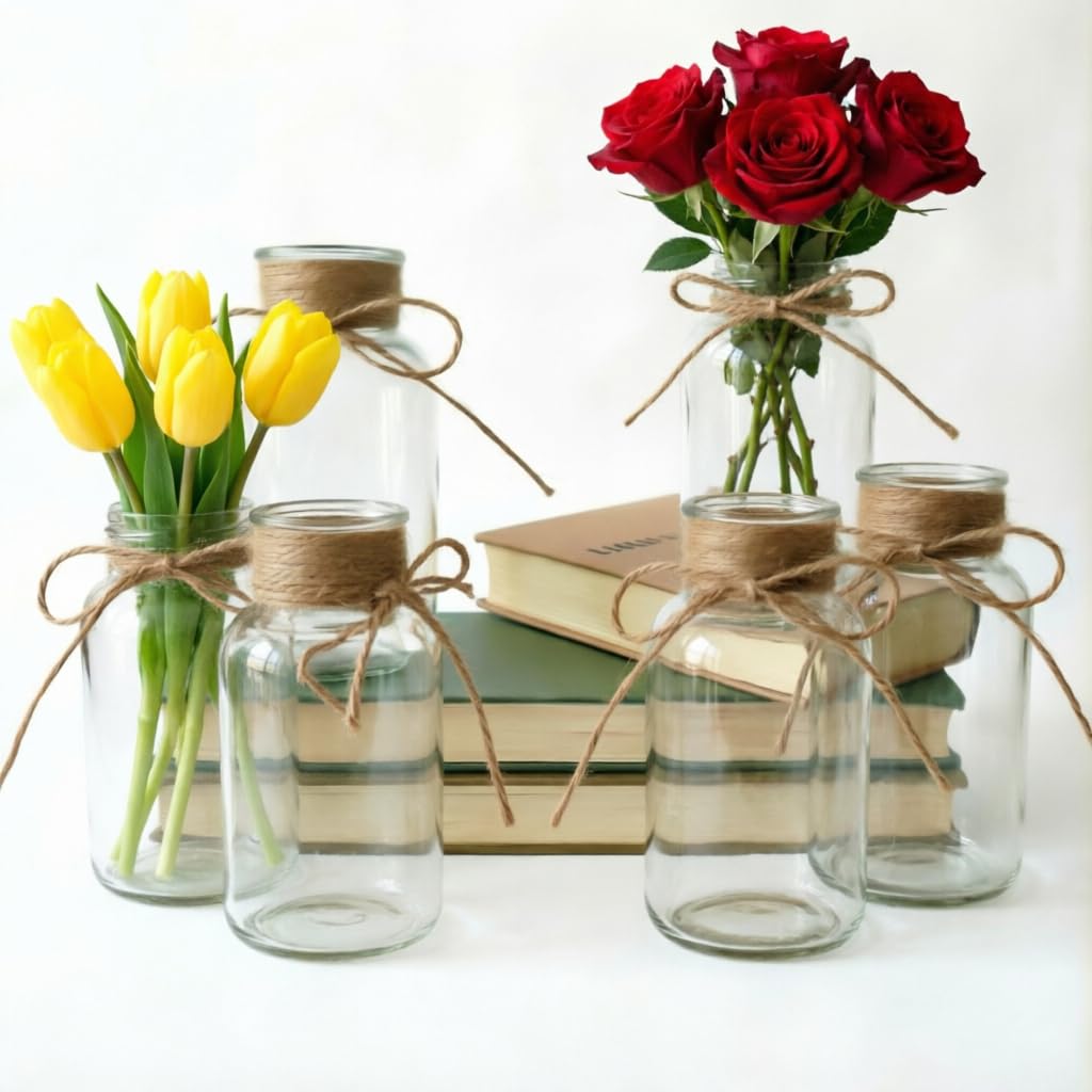 PAIKEP Vases for Centerpieces, 6 Pack Glass Mason Jars, Bohemian Country Style, Retro Transparent, for Weddings, Parties, Home Decor
