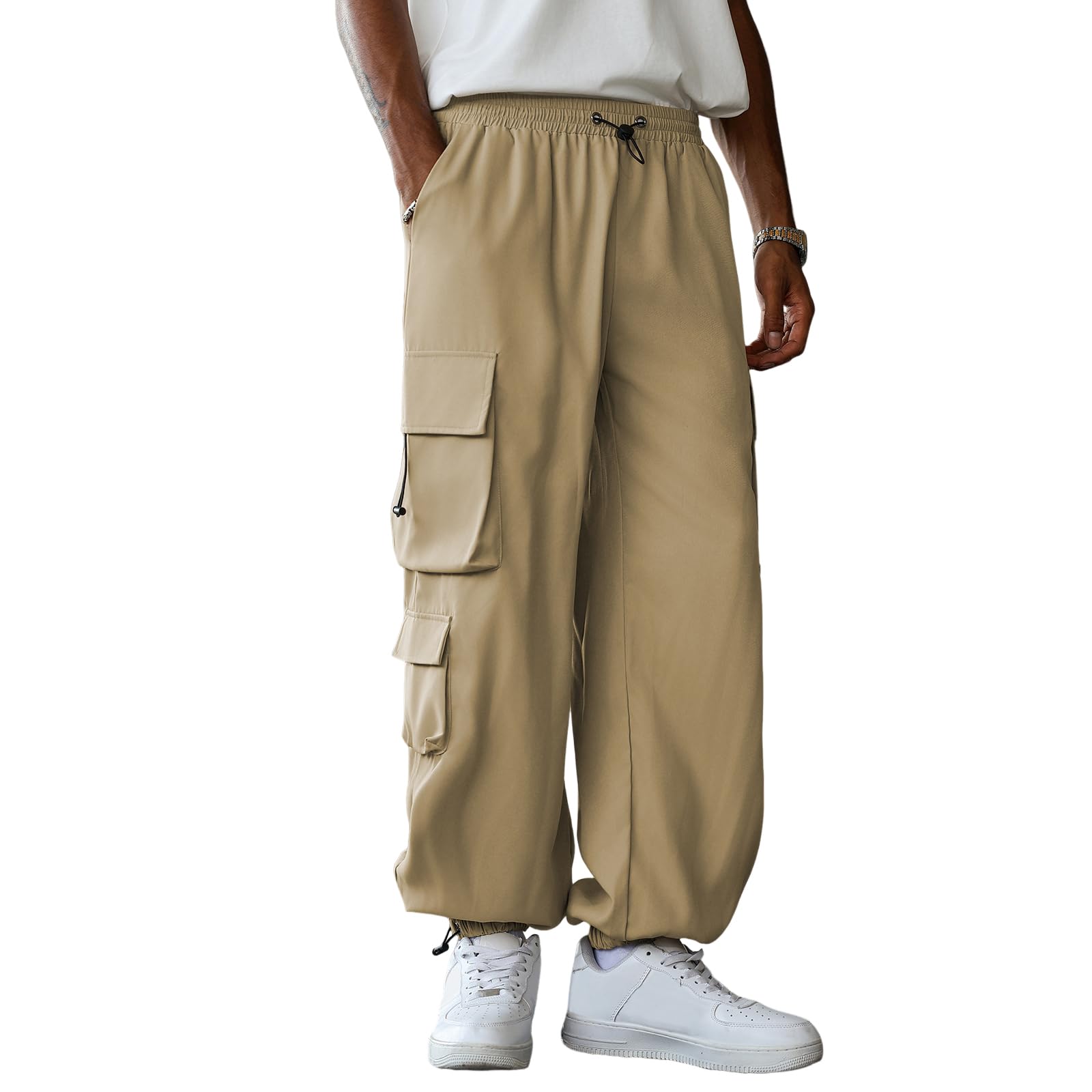 ZAFUL Mens Baggy Cargo Pants - Elastic Waist Drawstring Parachute Trousers with Pockets - Casual Street Hip Hop