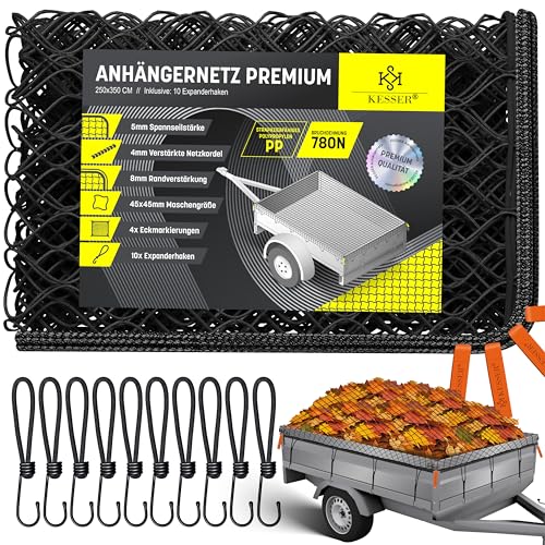 KESSER® Rete per rimorchi a maglia fine con ganci | Rete per rimorchi | Rete per container per la messa in sicurezza del carico | Rete di sicurezza | 250 x 350cm - Nero