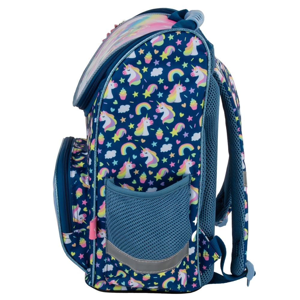 Familando - Schulranzen Set - 8-teilig mit Federmappe - Einhorn Regenbogen - Ergonomisch, stabil & mit gepolstertem Rücken - 1010g leicht - 18L Volumen - Mit Reflektoren - Für Grundschule ab 1. Klasse