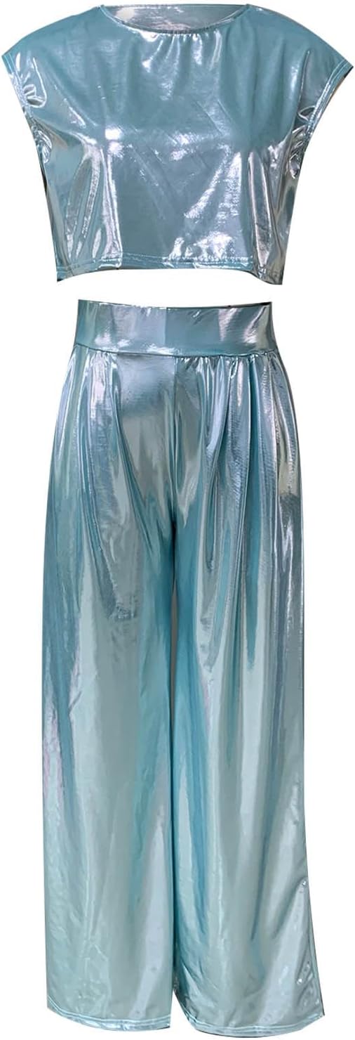 HGps8w Women's Metallic Shiny 2 Piece Outfits Chic Sleeveless Crop Top with Sequins Long Pants Cluub Party Going Out Suits