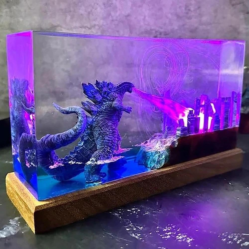 3D Ozean Epoxidharz Nachtlicht,Harz-Godzilla Figuren Ornamente mit Holzsockel,Monster Nachttischlampe mit USB-Kabel und 16 Farbe Remote Mehrfarbige LED Nacht Lampe,Desktop-Kunst-Dekor (Stil 4)