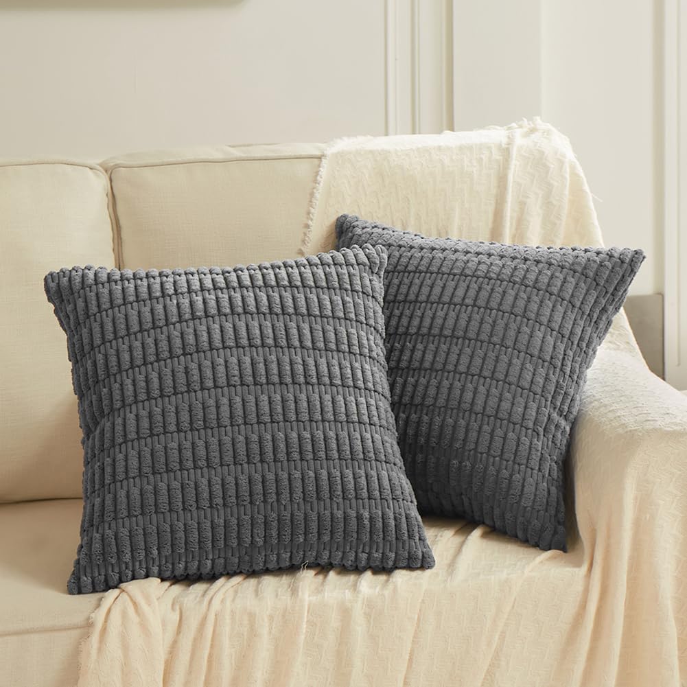 2 Packs Dark Grey Decorative Throw Pillow Covers 18x18 Inch for Living Room Couch Bed Sofa, Rustic Farmhouse Boho Home Decor, Soft Striped Corduroy Square Cushion Case 45x45 cm