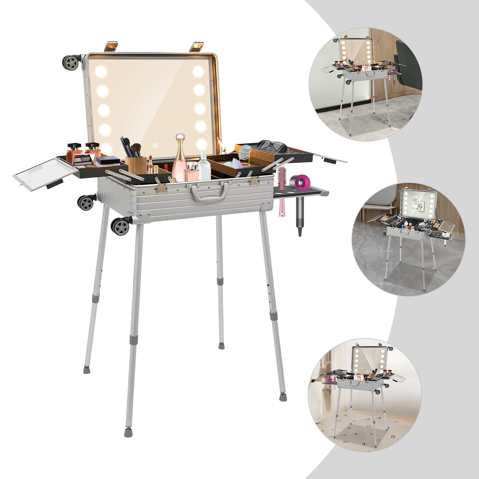 Walizka na kosmetyki 3 w 1, walizka na kółkach, 24", zamykana aluminiowa walizka na kosmetyki z rolkami, regulowanymi nogami, lustrem i oświetleniem LED, przenośny organizer do makijażu dla