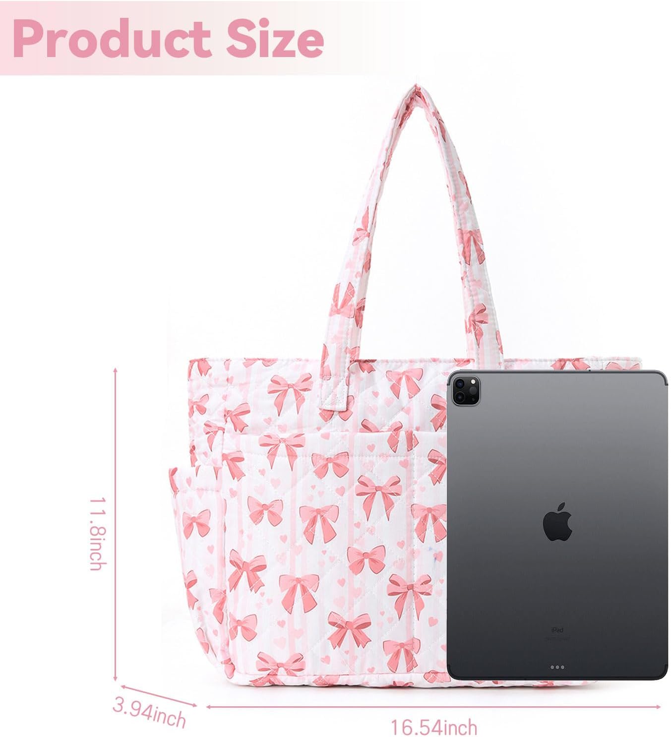 Puffy Tote Bag for Women, Cute Bow Tote, Quilted Shoulder Bag, Large Handbag for Travel Work Gym - Image 6