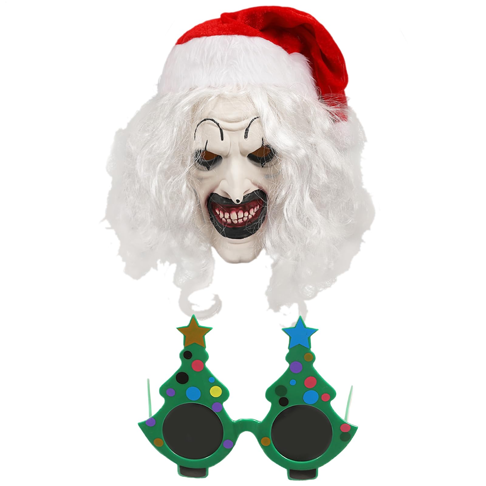 Fierudeng Máscara de terrifier para adultos, disfraz de payaso navideño, accesorios para disfraz con gafas, accesorios para disfraz de Navidad, accesorios de disfraces, colores brillantes