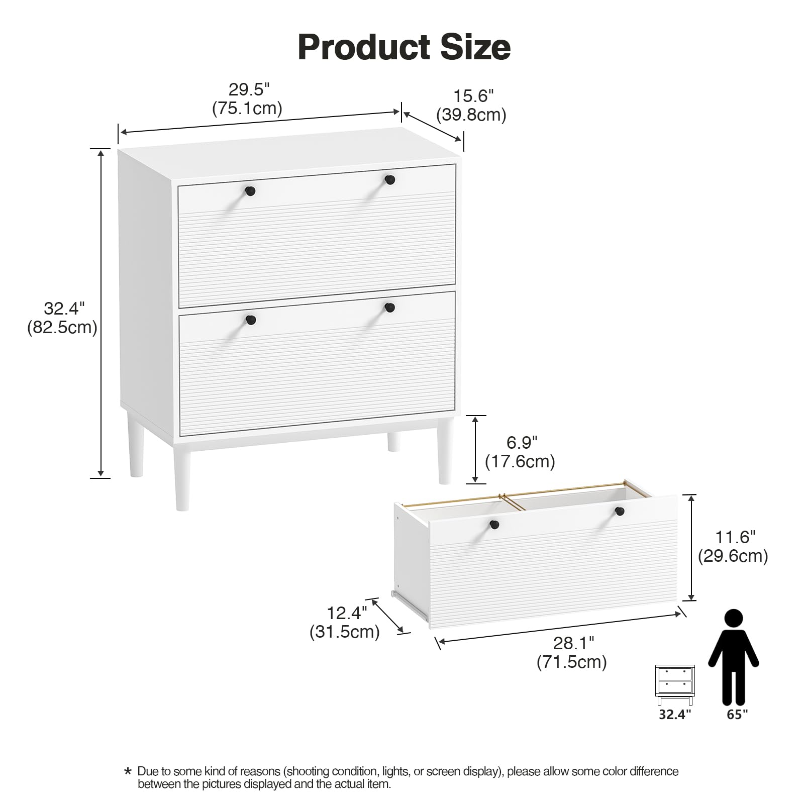 Armoire de Bureau 2 tiroirs 75x40x81 cm Blanche - Classement pour Documents Lettre, Légal, A4, Meuble de Rangement Moderne pour Chambre, entrée, Salon