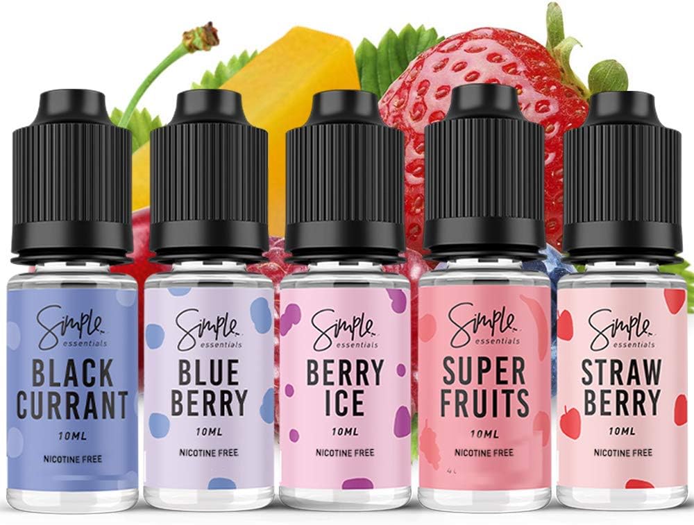 Vape Juice - 5 Pack, 50ml Total - Fruit Flavours Starter Pack of Vape Liquid for ecig - Top 5 Fruit Flavoured e liquid - e Cigarette use - No Nicotine & 0mg vape liquid by Simple Essentials