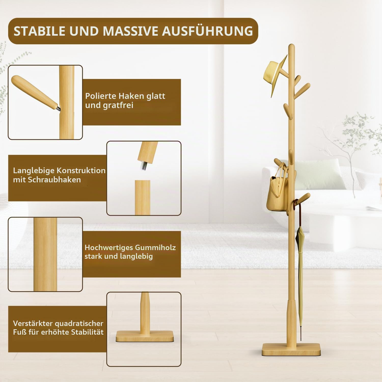 Garderobenleiste aus Massivholz, freistehende Baumgarderobe mit 8 Haken(+ 2 Ersatzteil),3 verstellbare Größen , Hutständer für Schlafzimmer/Büro/Eingangsbereich(quadratischer Boden, Naturbeige)