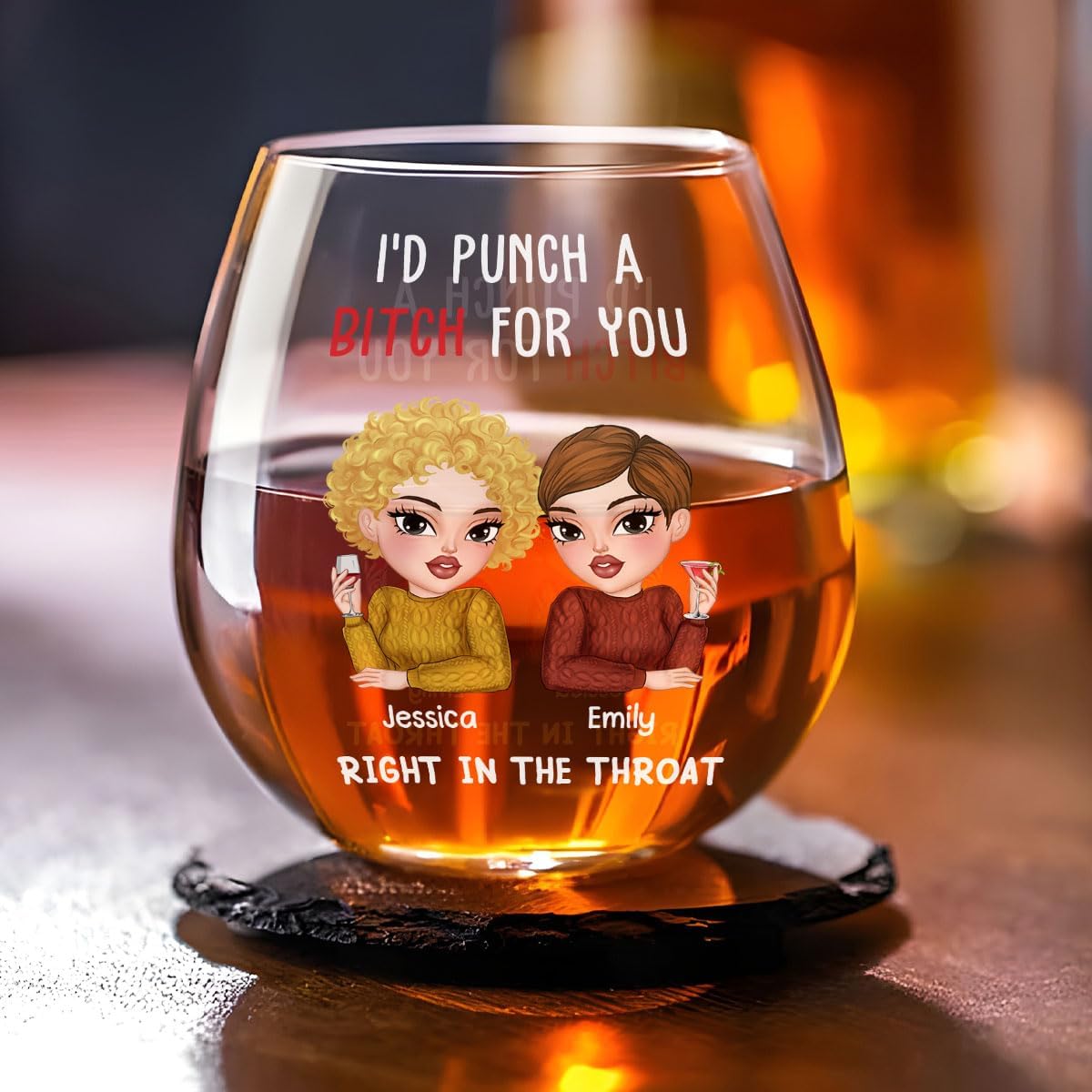 Wrappiness Punch A Bitch For You My Bestie Personalized Wine Glass - Funny Cup for Best Friends, Women, Sisters, BFF - Custom Hilarious Gift for Friendship Celebrations W15-03-202