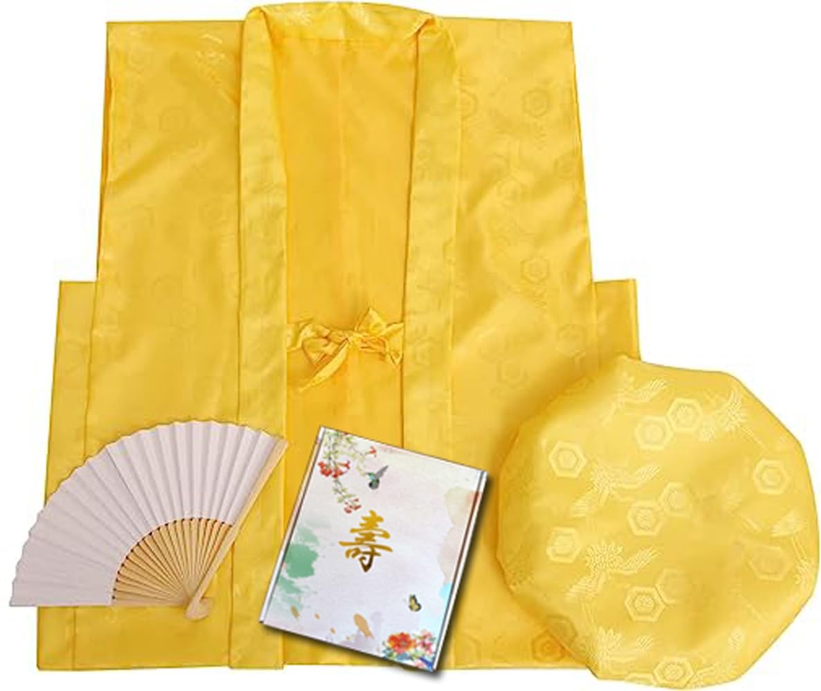 [HOHO AYUMU] 鶴亀柄 還暦祝い 古希祝い 長寿祝い ちゃんちゃんこ 【ちゃんちゃんこ 扇子 栞 セット】 (長寿祝い（黄色）)