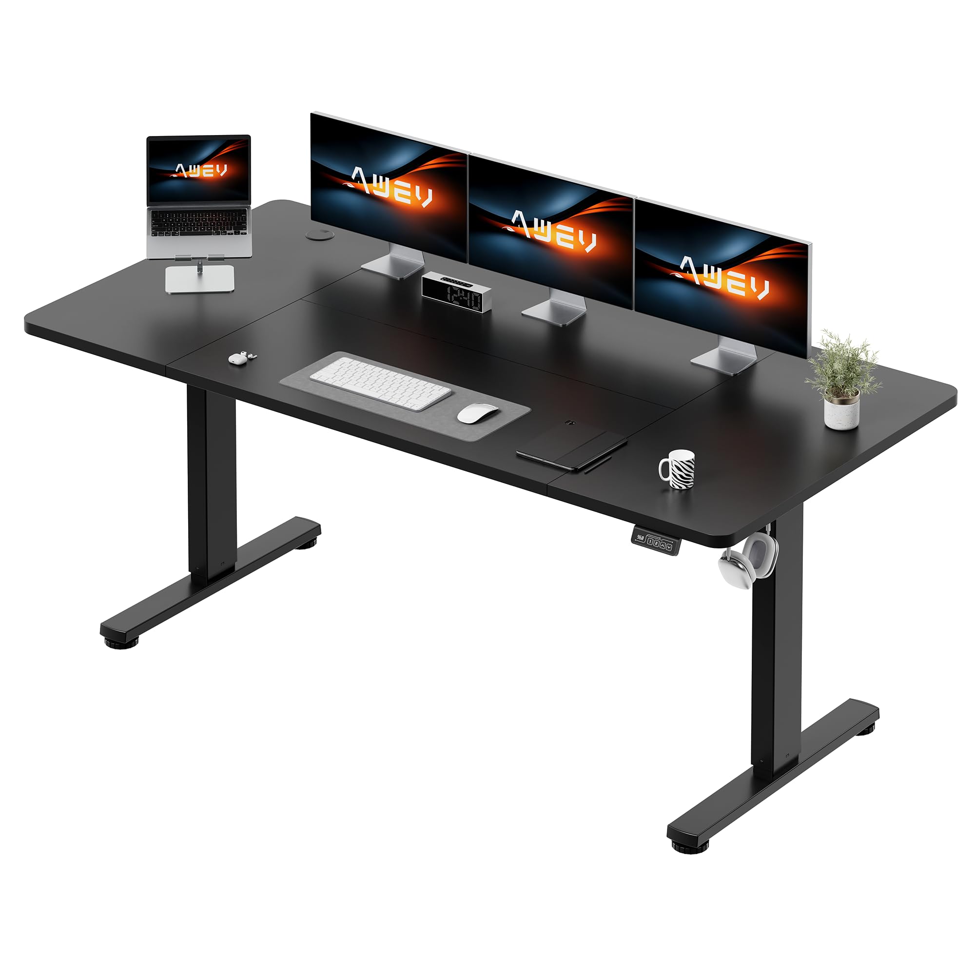 AWEV Electric Standing Desk 180 x 80 cm, Height Adjustable Sit Stand Desk with Backpack Hook & Memory Smart Pannel, Home Office Desk, Black — image 1