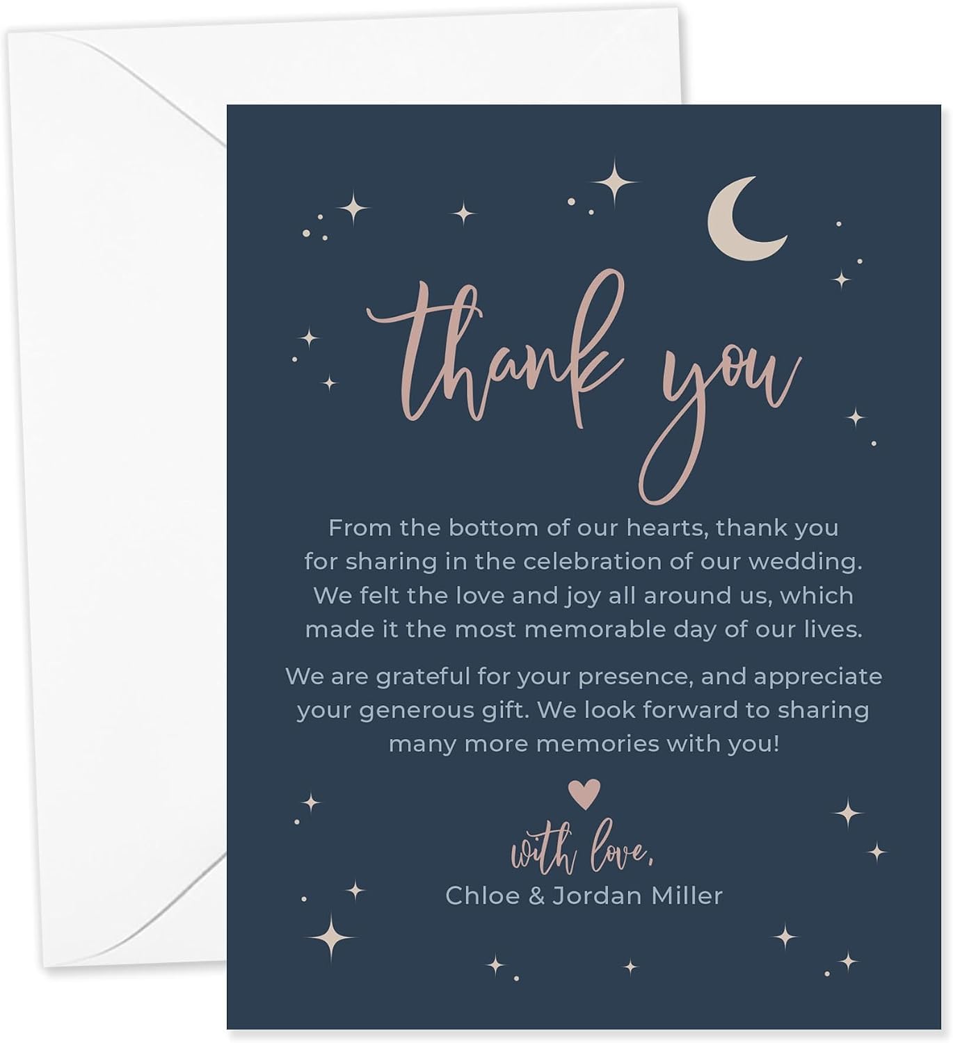 Personalized Moon and Stars Wedding Thank You Cards with Message, Flat Thank You Note Cards with Envelopes - 4.25x5.5