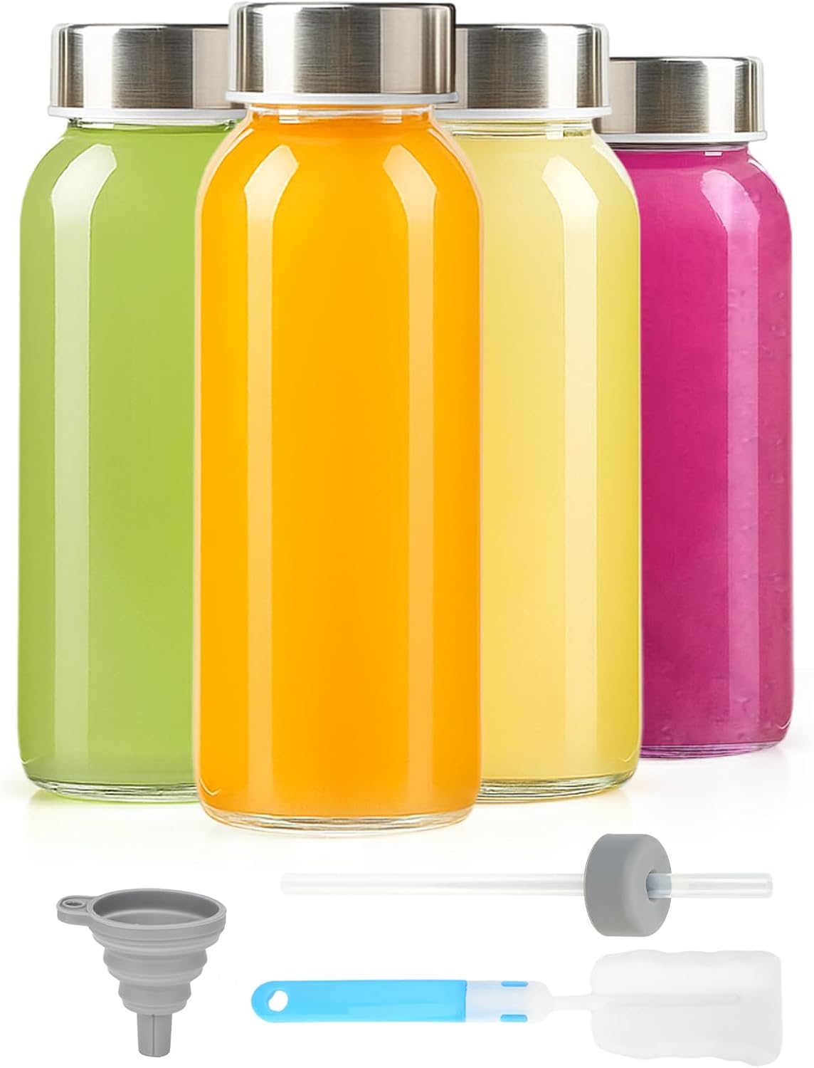 Zukro 10 oz Small Glass Juice Bottles with Stainless Steel Lid, 4 Pack