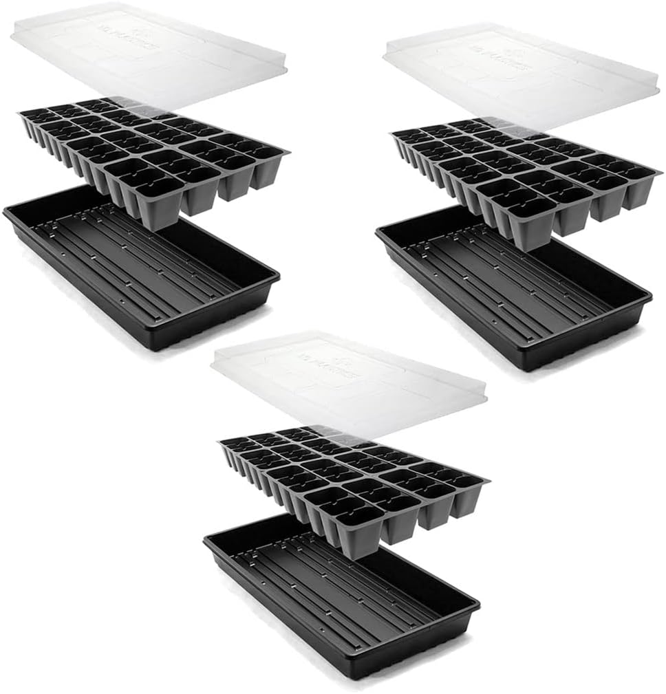 Greenhouse Megastore Seed Starter Kit - 3 Pack of Seedling Trays 1020 No Holes Heavy Duty, Seed Planting Growing 48-Cells Inserts Plug Trays & 2" Tall Humidity Domes for Seed Starting