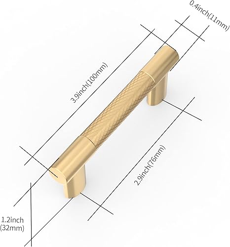 Miniatura 6 de Paquete de 10 manijas de gabinete de latón cepillado moleteado de 3 pulgadas (2.992 in), tiradores dorados para gabinetes de cocina, manijas de