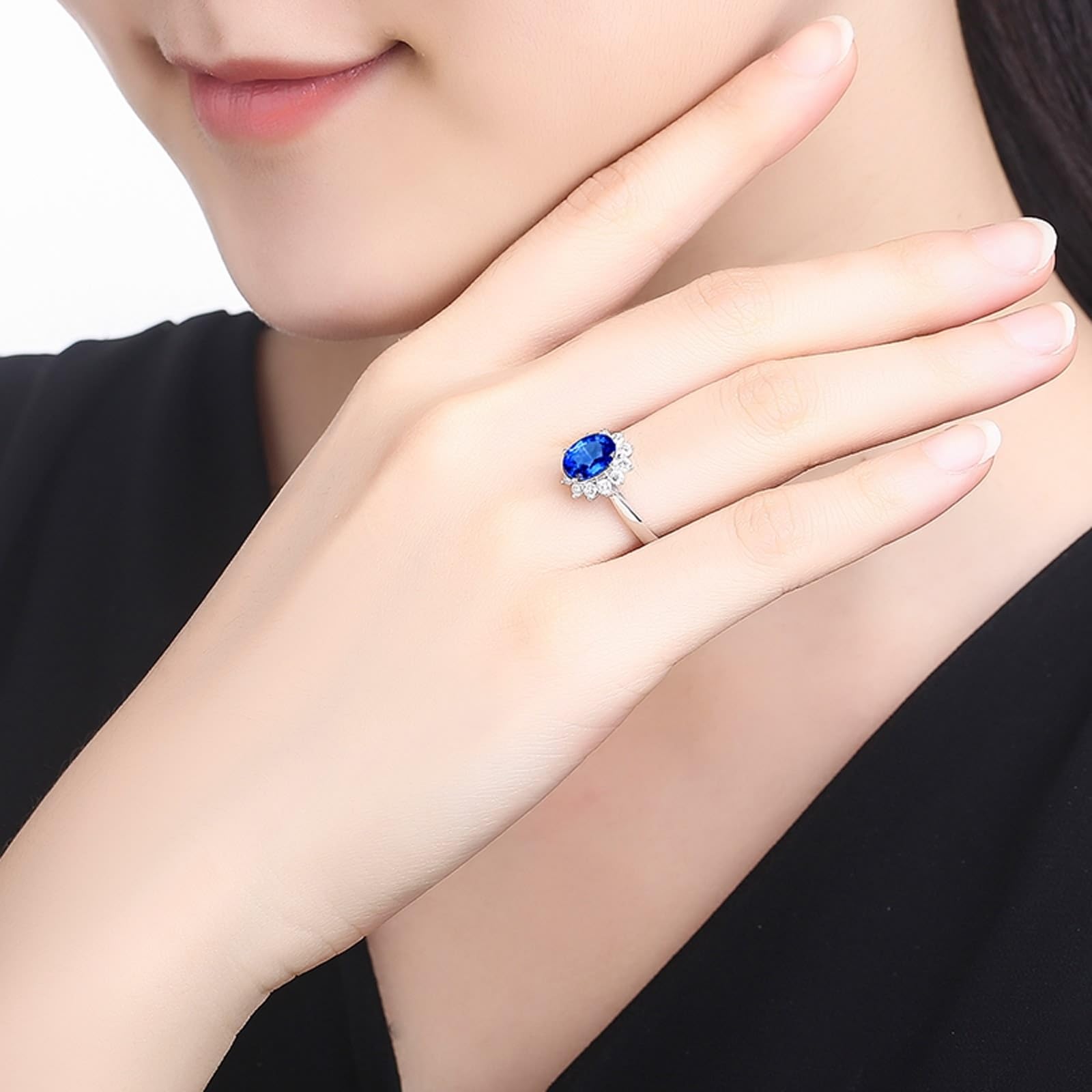 AmDxD Bague de fiançailles en or jaune 18 carats Au750 avec saphir, bague solitaire ovale classique, bijou en or véritable bleu