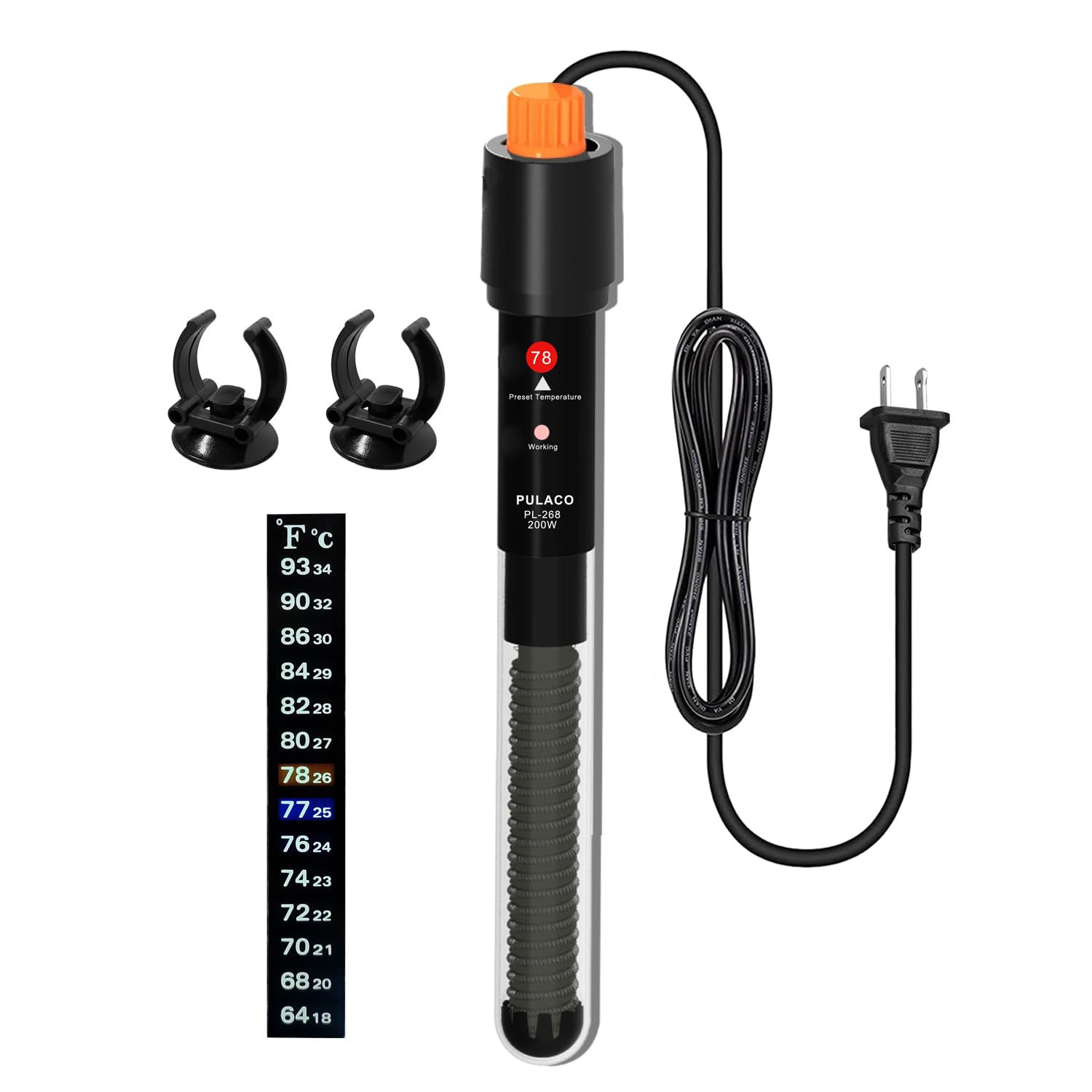 200Watt Aquarium Heater for 25-50 Gallon Fish Tank, Adjustable Submersible Heater Thermostat with Thermometer Strip and Suction Cup