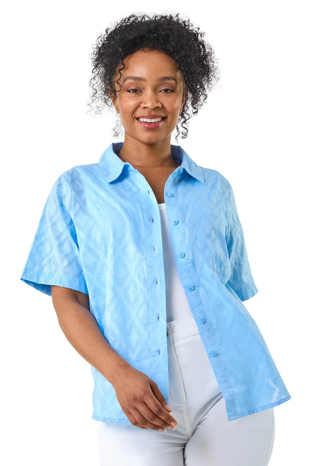 Roman Petite Button Up Pocket Shirt for Women UK - Ladies Spring Everyday Summer Break Short Sleeve Soft Collar Neckline Comfy Lightweight Cool Blouse Vacation Tops - Petite Blue - Size 18